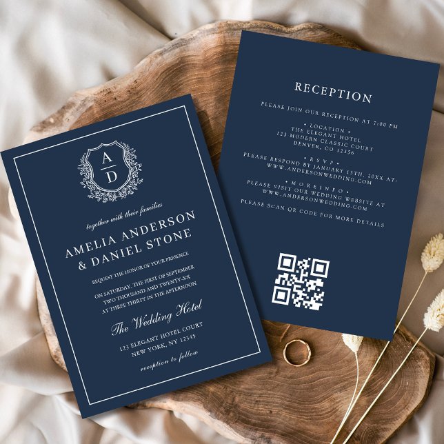 Navy Blue Floral Crest Monogram Wedding QR Code Invitation (Creator Uploaded)