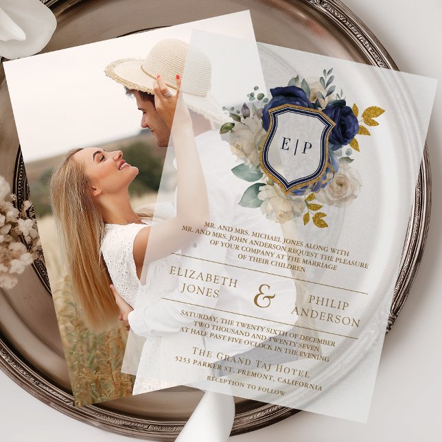 Navy Blue Floral Crest Monogram Wedding Vellum Invitations (Creator Uploaded)