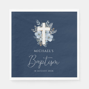 navy blue floral cross baptism napkin