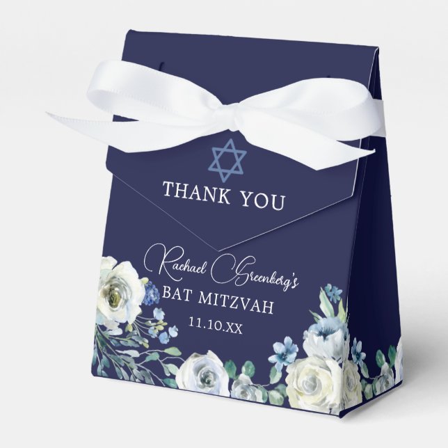 Navy Blue Floral Custom Elegant Bat Mitzvah Party Favour Box (Front Side)