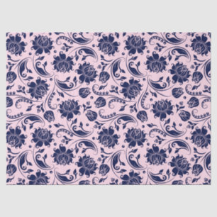 Navy Blue Floral Damasks Pink Background Tissue Paper