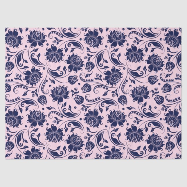 Navy Blue Floral Damasks Pink Background Tissue Paper (Front)