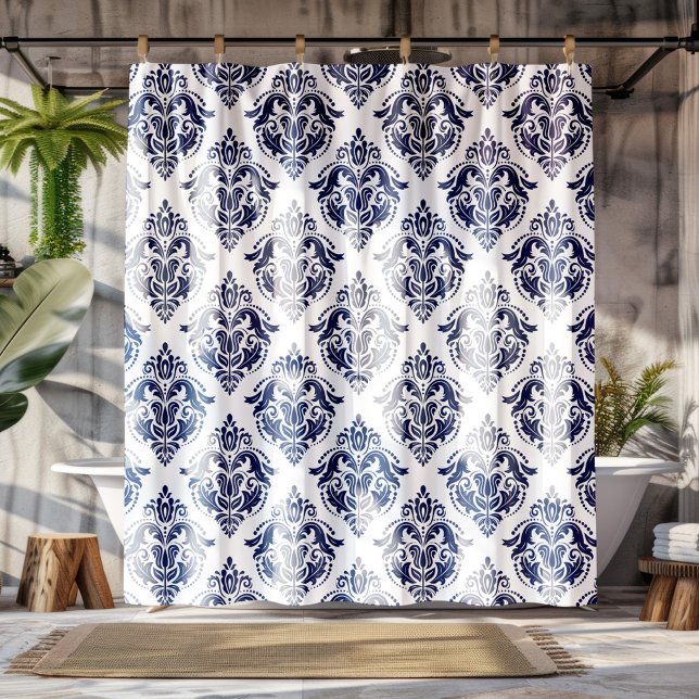 Navy Blue Floral Damasks WhiteBackground Shower Curtain (Creator Uploaded)