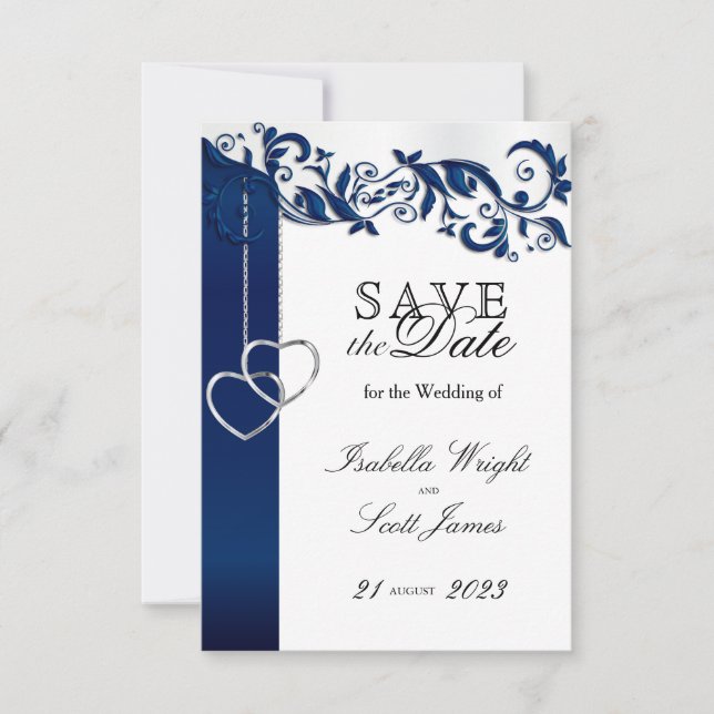 Navy Blue Floral Design -  Save The Date (Front)