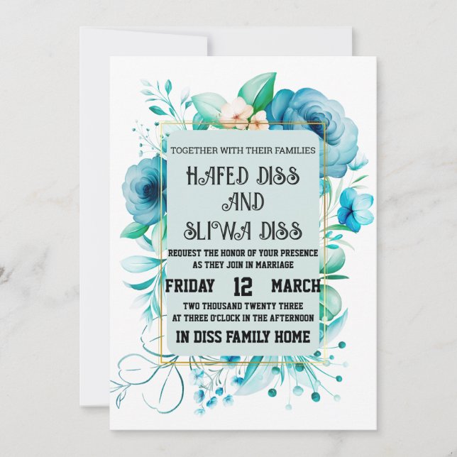 Navy Blue Floral Design Wedding Invitation (Front)