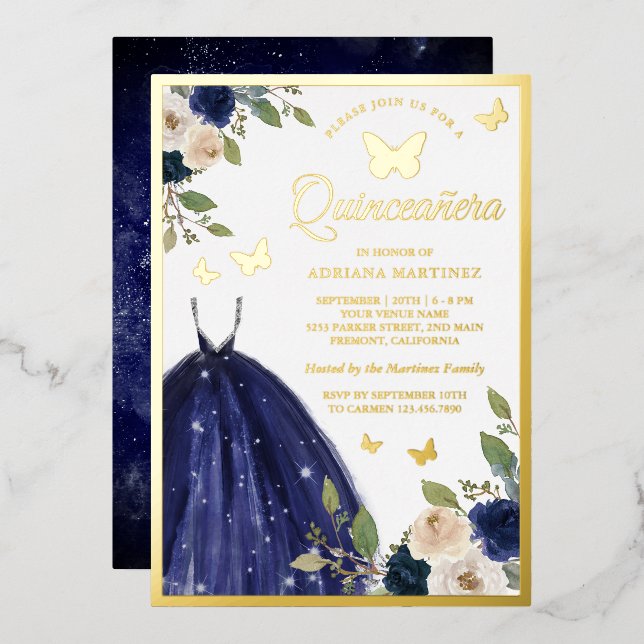 Navy Blue Floral Dress Butterfly Quinceanera Gold (Front/Back)