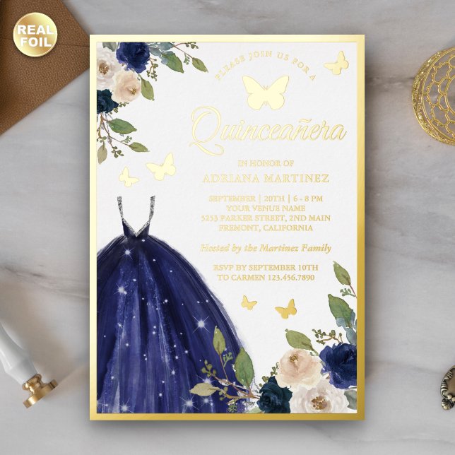 Navy Blue Floral Dress Butterfly Quinceanera Gold (Creator Uploaded)