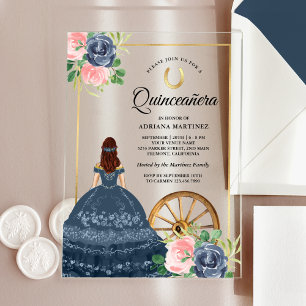 Navy Blue Floral Dress Charro Gold Quinceanera Acrylic Invitations
