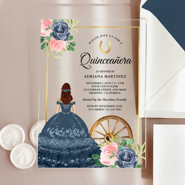 Navy Blue Floral Dress Charro Gold Quinceanera Acrylic Invitations (Creator Uploaded)