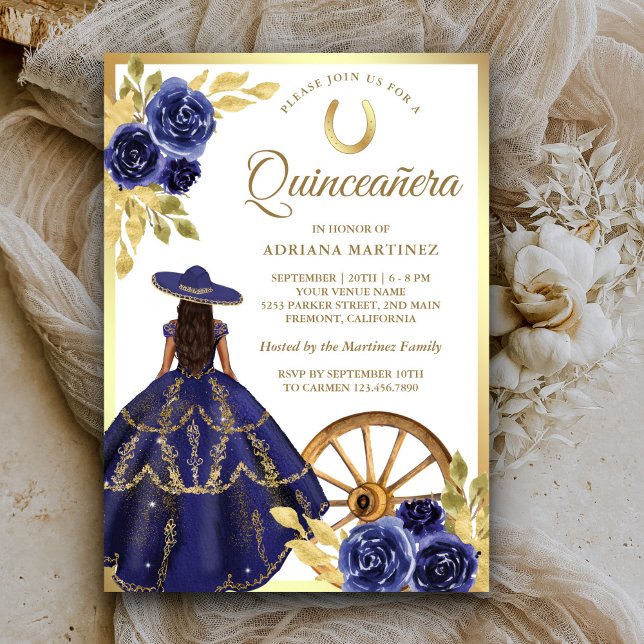 Navy Blue Floral Dress Charro Gold Quinceanera Invitation (Creator Uploaded)