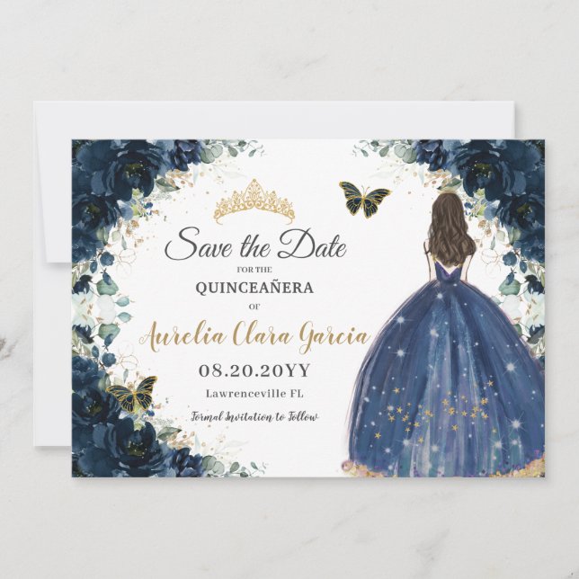 Navy Blue Floral Dress Quinceañera Save the Date (Front)