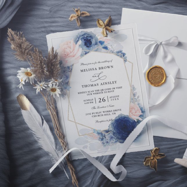 Navy Blue Floral Dusty Budget QR Code Wedding Invitation (Creator Uploaded)