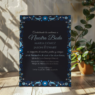 Navy Blue Floral Elegant Classic Spanish Wedding Invitation
