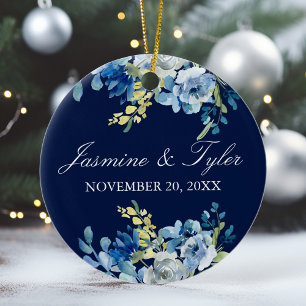 Navy Blue Floral Elegant Custom Wedding Photo Ceramic Tree Decoration