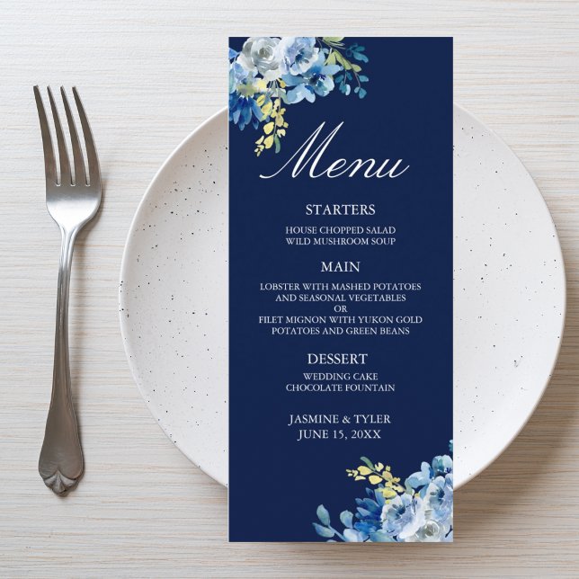 Navy Blue Floral Elegant Evening Wedding Dinner Menu (Creator Uploaded)