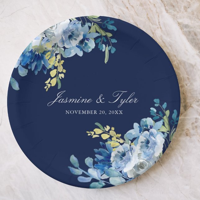 Navy Blue Floral Elegant Evening Wedding Paper Plate (Creator Uploaded)