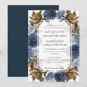 Navy Blue Floral Elegant Fall Foliage Wedding Invitation