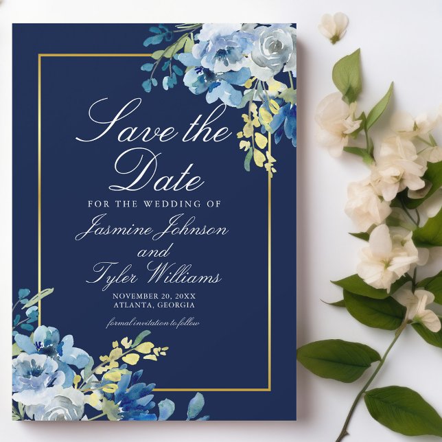 Navy Blue Floral Elegant Gold Border Save the Date Magnetic Invitation (Creator Uploaded)