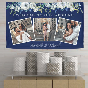 Navy Blue Floral Elegant Photo Collage Wedding Banner