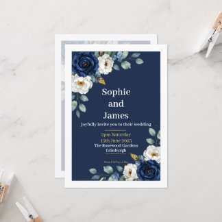 Navy Blue Floral Elegant Wedding Invitation