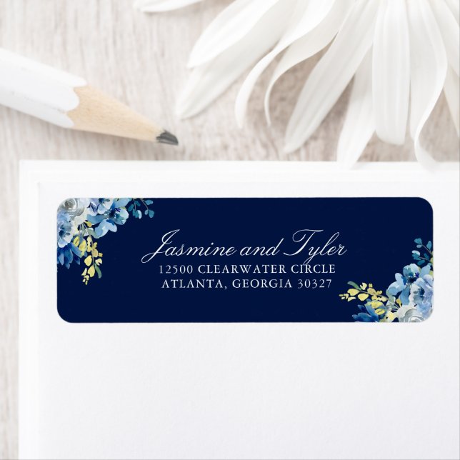 Navy Blue Floral Elegant Wedding Return Address (Insitu)