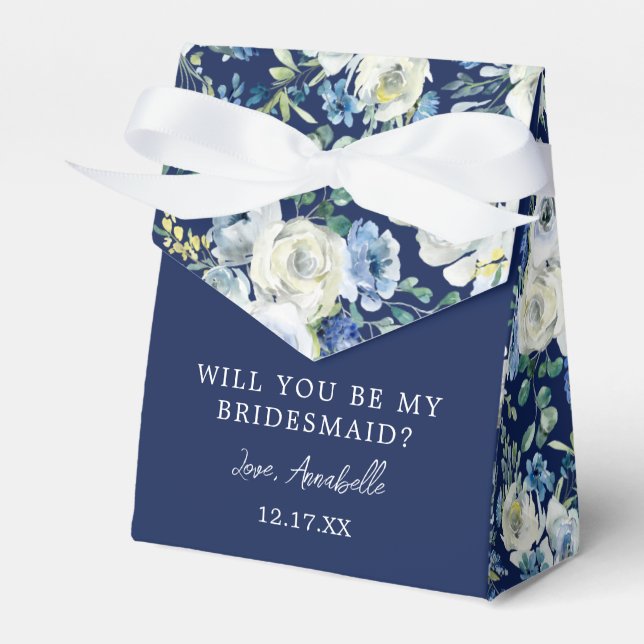 Navy Blue Floral Elegant Will You Be My Bridesmaid Favour Box (Front Side)