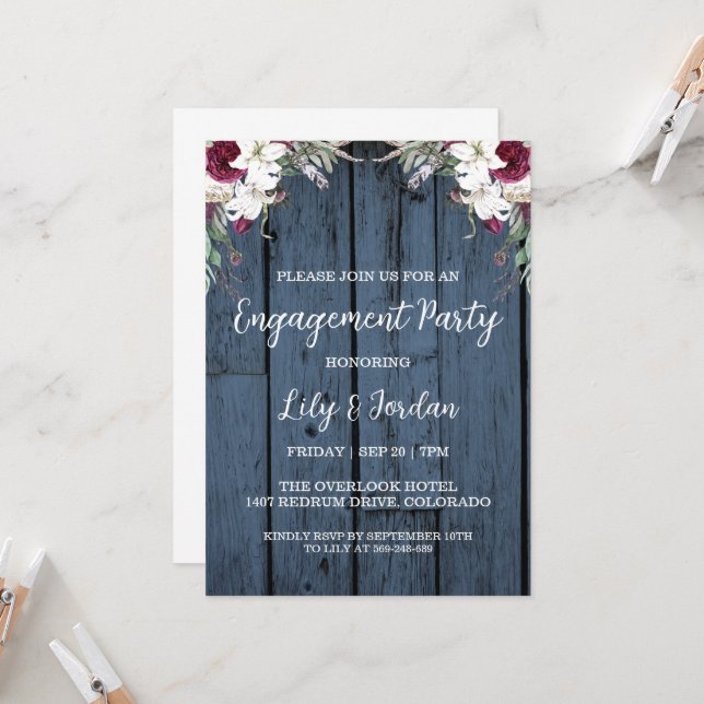 navy blue floral engagement party invitations (Front/Back In Situ)
