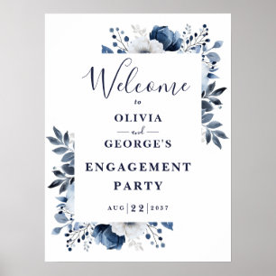 Navy Blue Floral Engagement Party Welcome Sign