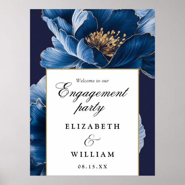 Navy Blue Floral Engagement Party Welcome Sign (Front)