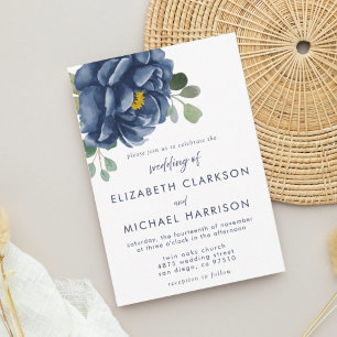 Navy Blue Floral Eucalyptus Wedding Invitation