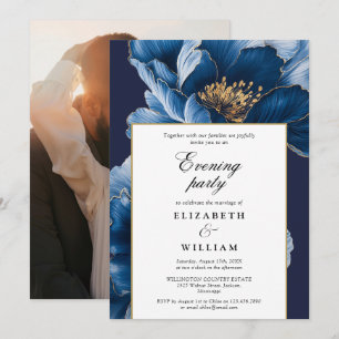Navy Blue Floral Evening Party Wedding Photo Invitation