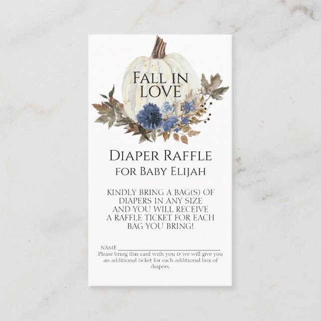 Navy Blue Floral Fall White Pumpkin Diaper Raffle Business Card (Front)