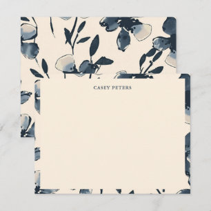 Navy Blue Floral Flat Note Card with Name