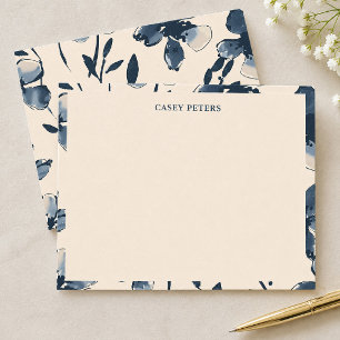 Navy Blue Floral Flat Note Card with Name