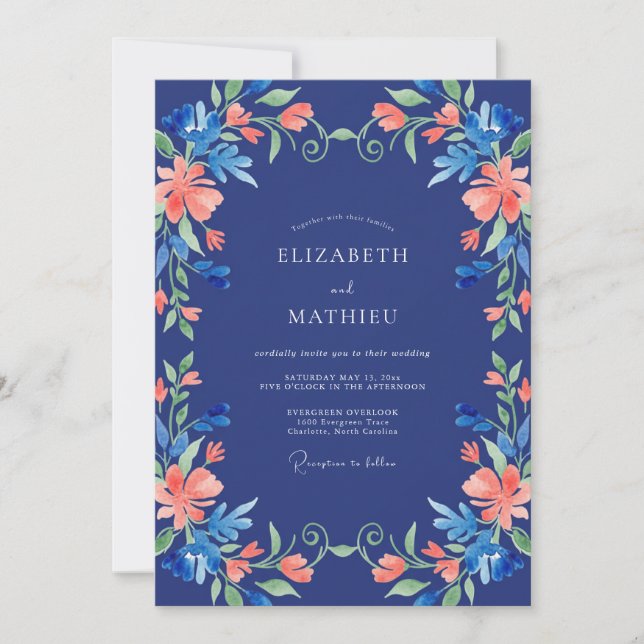 Navy Blue Floral Flourish Wedding Invitation (Front)