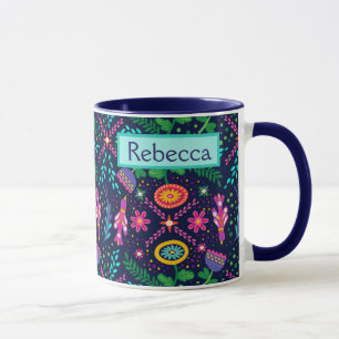 Navy Blue Floral Folk Art Custom Name Gift For Her Mug