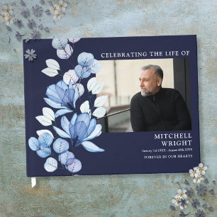 Navy Blue Floral Funeral Celebration Of Life Photo Guest Book