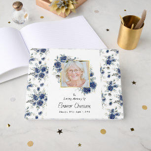 Navy Blue Floral Funeral Photo Sympathy Memorial Guest Book
