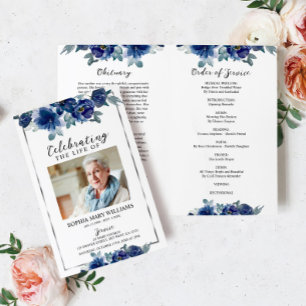 Navy Blue Floral Funeral Program Order of Service