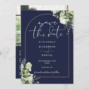 Navy Blue Floral Gold Arch Photo QR Code Wedding Save The Date