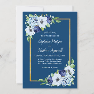 Navy Blue Floral Gold Border Watercolor Wedding Invitation