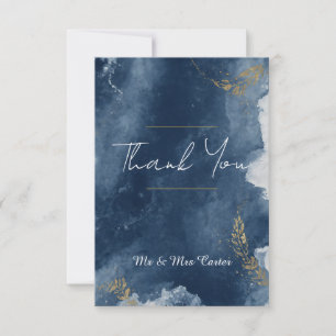 Navy Blue Floral Gold Botanical Wedding Thank You Card