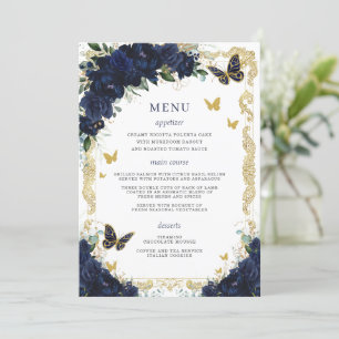 Navy Blue Floral Gold Butterflies Quinceanera Programme