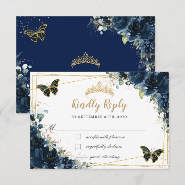 Navy Blue Floral Gold Butterfly Quinceañera Reply RSVP Card (Front/Back)