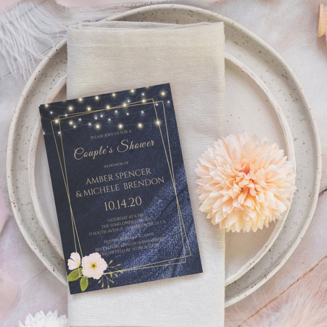 Navy Blue Floral Gold Frame Couple's Shower Invitation (Creator Uploaded)