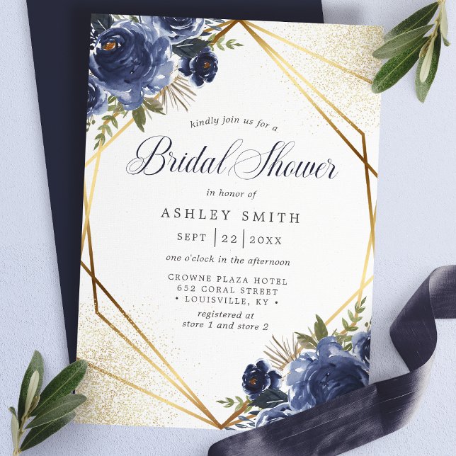 Navy Blue Floral Gold Geometric Bridal Shower Invitation (Creator Uploaded)