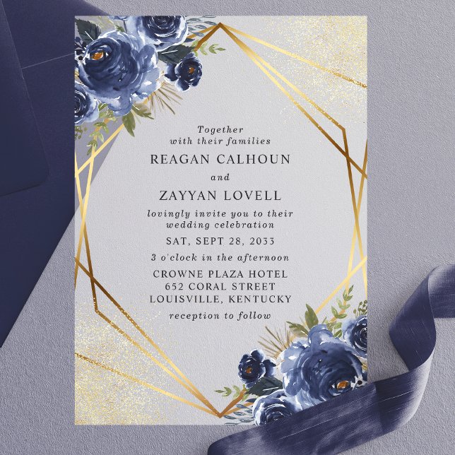 Navy Blue Floral Gold Geometric Modern Wedding Vellum Invitations (Creator Uploaded)