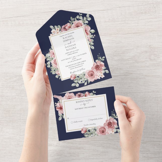 Navy Blue Floral Gold Geometric Wedding All In One Invitation (Tearaway)