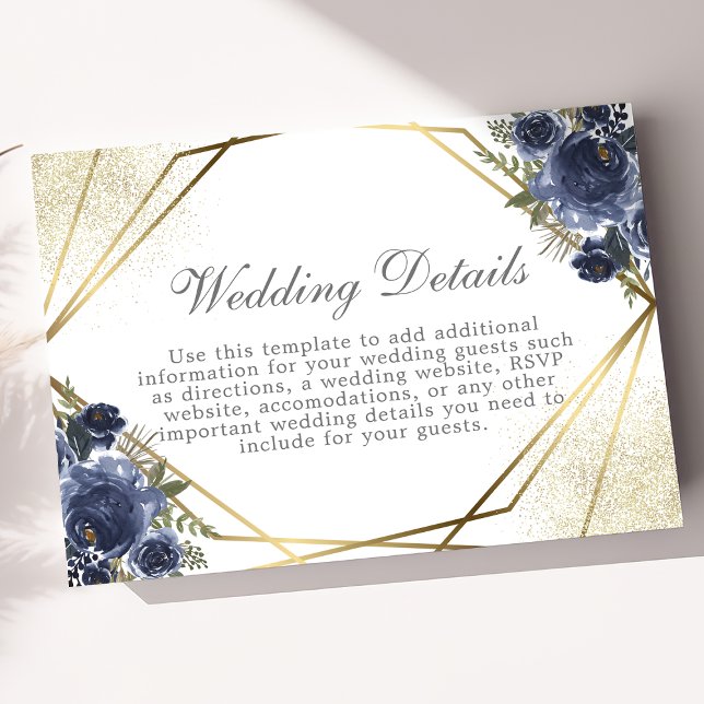 Navy Blue Floral Gold Geometric Wedding Details  Enclosure Card (Creator Uploaded)