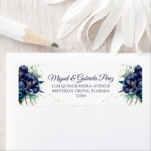 Navy Blue Floral Gold Glitter Return Address